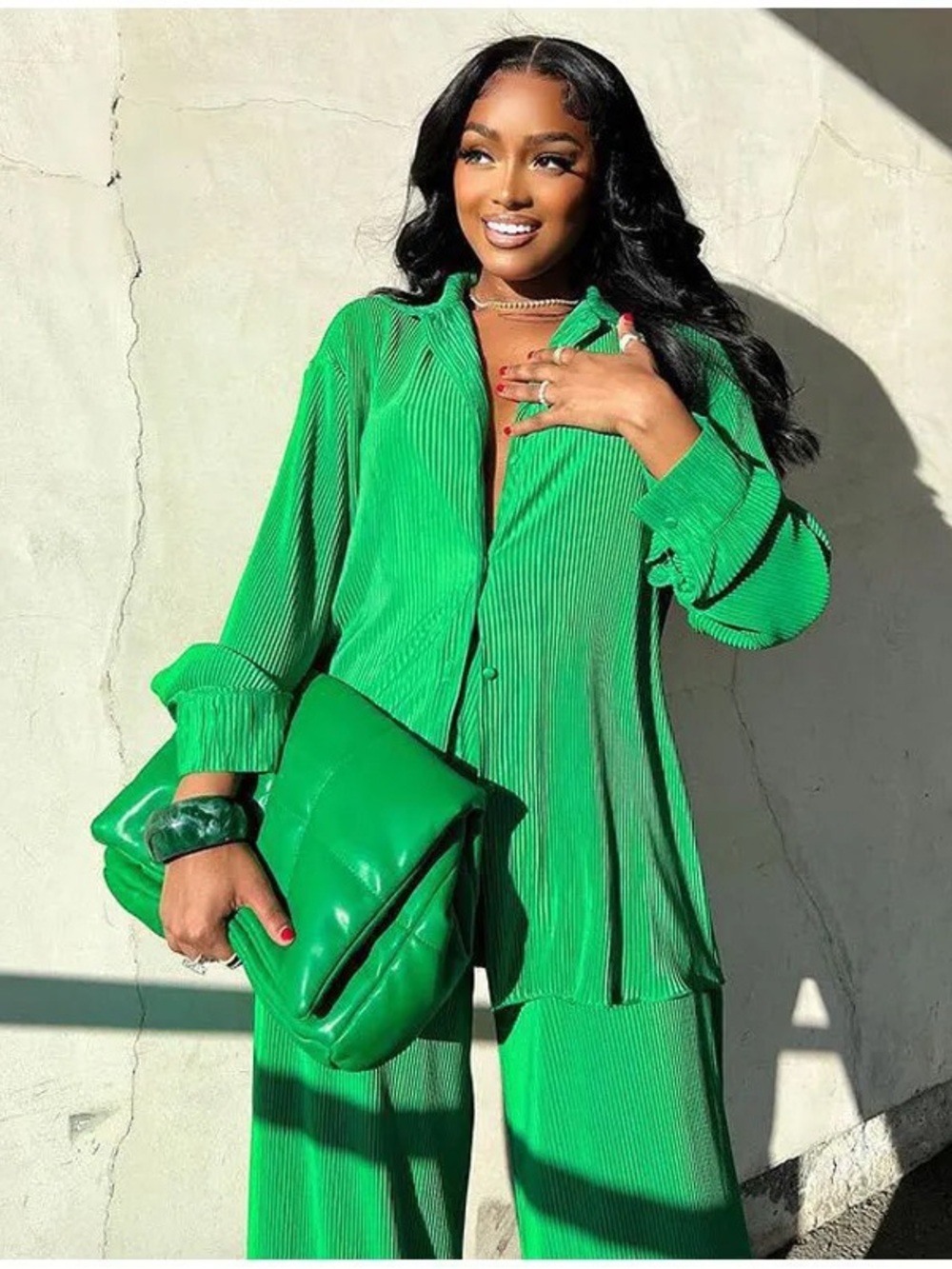 PrettyLittleThing Green Plisse Pleated Button-Down Shirt Wide Leg Pant Set